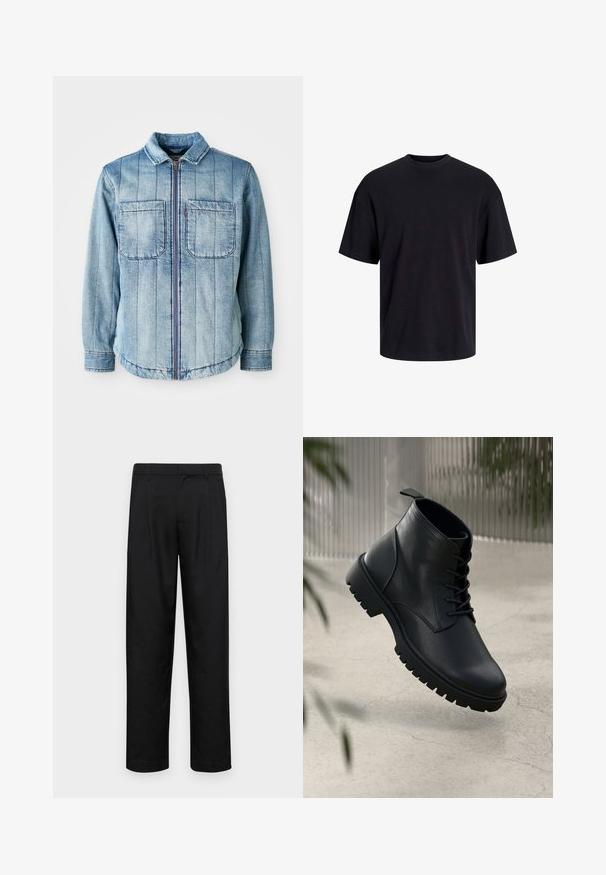 Vaaleansininen farkkutakki, jossa on vetoketjusulku, kaksi rintataskua ja pystysuorat ommelkuviot. Klassinen kaulus ja joustava helma.; Musta puuvillapaita, jossa on pyöreä kaula-aukko, lyhyet hihat ja rento muotoilu. Yksinkertainen ja sileä pinta, ilman näkyviä kuvioita tai koristeita.; Mustat housut, jotka on valmistettu sileästä kankaasta, suoran lahkeen muotoilulla, kahdella etupleekillä ja tavanomaisella vyötäröllä, jossa on vyölenkit.; Mustat nahka nilkkurit, joissa on pyöreä kärki, nauhakiinnitys ja kova kumipohja. Sujuva pinta, jossa on vetoketju takana.