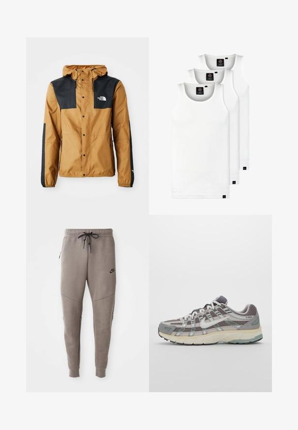 Vannavstøtende brun jakke med sorte skuldre, trykknapp-lukking, justerbar hette, og logo på venstre bryst og arm.; Tre hvite ribbestrikkede tank topper laget av bomull. Har en rund hals og små svarte etiketter nær kanten. Tilgjengelig i flere størrelser.; Grå Nike joggebukser med snor i midjen, smale ben, sidelommer og distinkte sømdetaljer. Myk, teksturert stoff.; Grå treningssko med overdel i nett og semsket skinn, hvite detaljer, en polstret såle, og et særpreget design med reflekterende elementer.