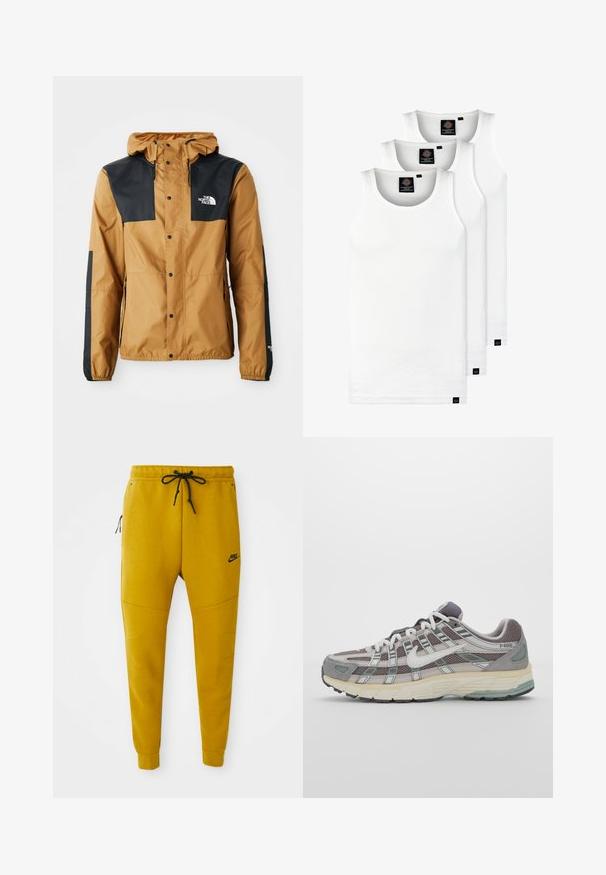 Jaqueta castanha resistente à água com ombros pretos, fecho de botão, capuz ajustável e logótipo no lado esquerdo do peito e na manga.; Três tops em algodão de alças brancas com nervuras. Apresentam um decote redondo e pequenas etiquetas pretas perto da bainha. Disponíveis em vários tamanhos.; Fatos de treino da Nike em um vibrante amarelo mostarda, feitos de tecido suave. Apresentam uma cintura elástica com cordão, bolsos laterais com fecho e pernas ajustadas.; Sapatilha atlética cinza com parte superior em malha e camurça, detalhes brancos, sola acolchoada e um design distinto com elementos refletivos.