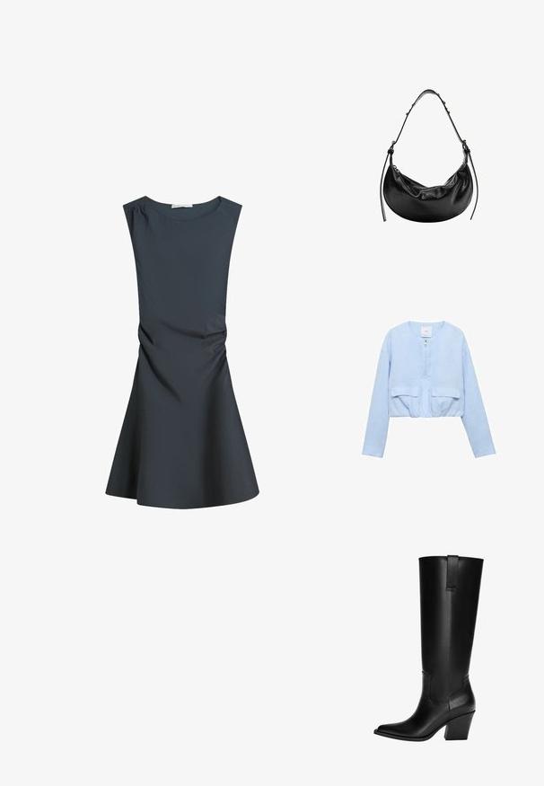 Izrezana svijetloplava jakna od mekog materijala; ima prednji patentni zatvarač, okrugli izrez i dvije zakrpeće džepove na prsima.; Tamno siva haljina bez rukava s okruglim izrezom, pripijenim gornjim dijelom i lepršavom suknjom, s diskretnim nabiranjem sa strane za teksturu.; Crne kožne čizme do koljena s izdignutim vrhom, blok petom i detaljem šava sa strane. Uključuje stražnji čep za lakše obuvanje.; Crna kožna torbica u obliku polumjeseca, glatke teksture, s podesivim remenom i suptilnim metalnim detaljima. Vidljivo zatvaranje na patentni zatvarač.