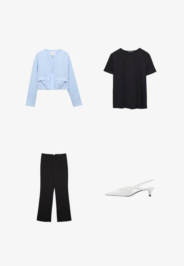 Forkortet lyseblå jakke lavet af blødt stof; har en frontlynlås, rund halsudskæring og to påsyede lommer på brystet.; Simpel sort kortærmet bomulds T-shirt med rund hals, præsenteret på en hvid baggrund.; Sorte bukser med lige pasform, der har frontlommer og slidser i kanten. Lavet af blødt, glat stof. Velegnet til forskellige anledninger.; Hvide slingback hæle med spids tå, der har en glat overdel, subtile udskæringer og en lav blokhæl. Den sorte sål fremhæver designet.