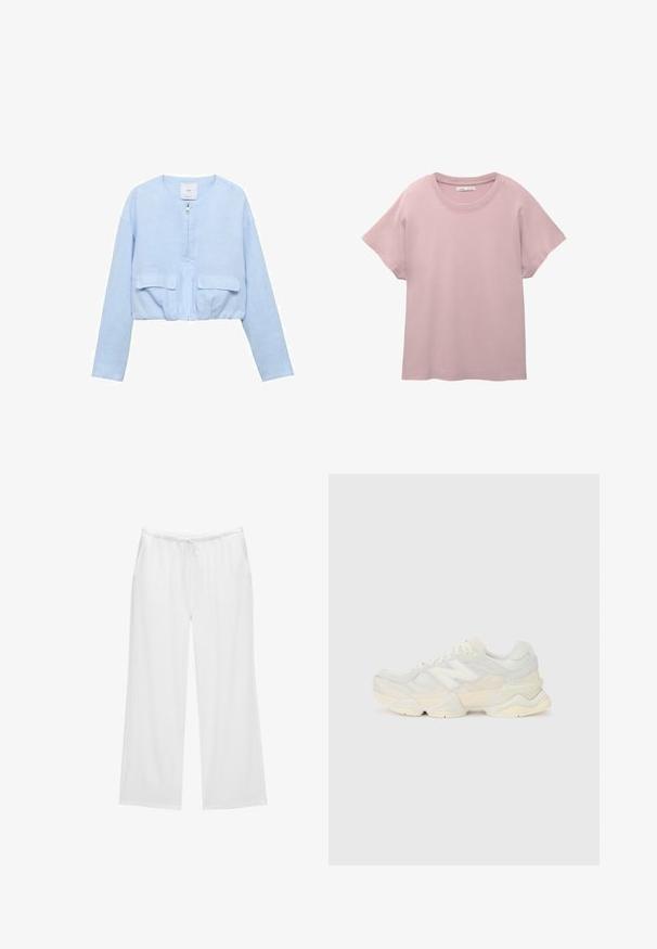 Forkortet lyseblå jakke lavet af blødt stof; har en frontlynlås, rund halsudskæring og to påsyede lommer på brystet.; Lys rosa kortærmet t-shirt lavet af glat bomuld. Har en rund hals og en afslappet pasform med en lige skæring på kanten.; Hvide bredbenede bukser lavet af blødt stof, med en elastisk talje og snøring samt to sidelommer. Simpelt og rent design.; Letvægtssneakers med en overdel i mesh og ruskind i bløde cremetoner, med en kraftig sål og tredimensionelle accenter.
