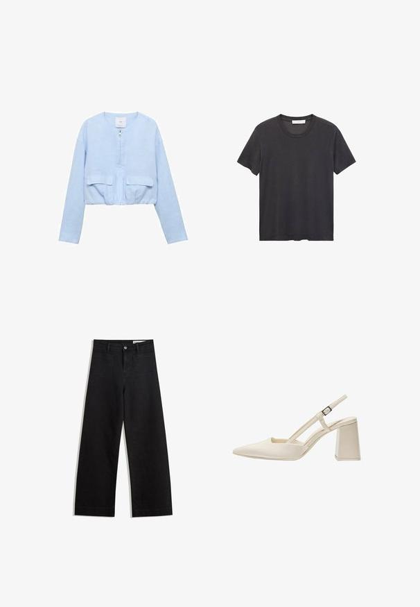 Jachetă scurtă de culoare albastru deschis, confecționată dintr-un material moale; are un fermoar frontal, guler rotund și două buzunare tip patch pe piept.; Tricou negru cu guler rotund, fabricat din bumbac moale. Mâneci scurte, croială lejeră și tiv drept, fără broderii sau modele.; Pantaloni din denim negri cu picioare largi, cu talie înaltă, având buzunare frontale și posterioare, cusături dublate și închidere cu nasture. Textură netedă.; Pantofi slingback bej cu vârf ascuțit, finisaj lucios din patent, toc mediu bloc și curea ajustabilă. Design minimalist cu laturi deschise.