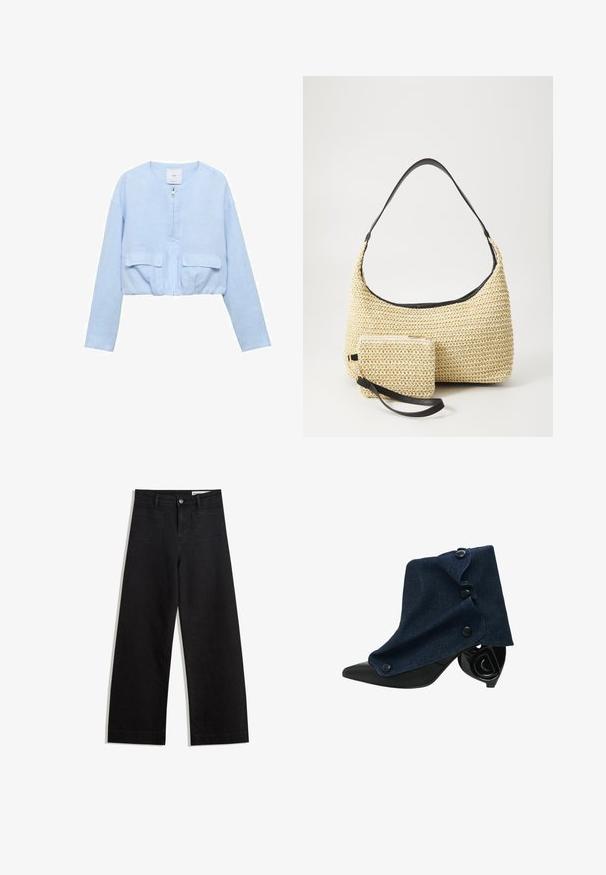 Forkortet lyseblå jakke lavet af blødt stof; har en frontlynlås, rund halsudskæring og to påsyede lommer på brystet.; Hvid kortærmet t-shirt lavet af bomuld. Har en rund halsudskæring og en afslappet pasform. Glat tekstur uden synlige mønstre eller detaljer.; Sorte wide-leg denim bukser med høj talje, der har front- og baglommer, syede sømme og en knaplukning. Glat tekstur.; Marineblå denim ankelstøvle med et struktureret design, spidse sorte tå og unik spiralhæl. Har tre mørke knapper på siden.; Vævet stråhåndtaske med en buet silhuet, der har en glat sort læderrem og en matching lille pung, der er fastgjort med en håndledsrem.