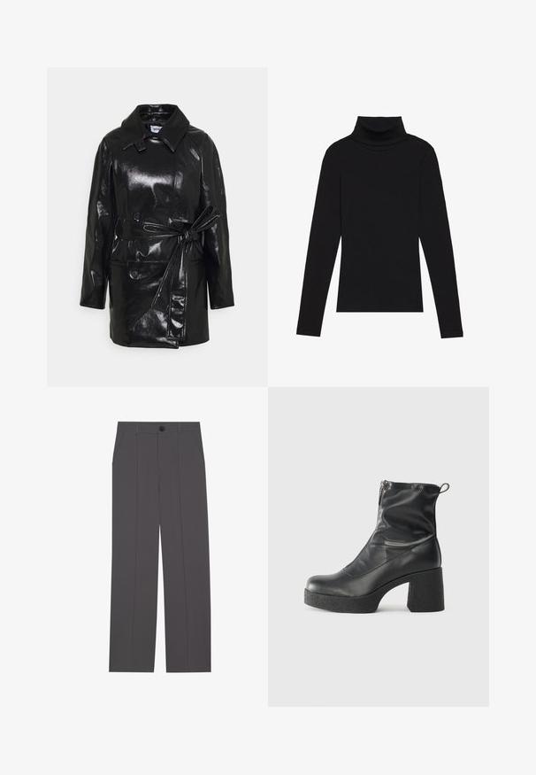 Weekday JANIS SHORT JACKET - Casaco curto - black; Top de gola alta de manga longa, preto, feito de tecido canelado, apresenta um design justo com um decote elevado e sem padrões ou detalhes.; Calças cinzas com um design de perna reta, apresentando dois bolsos laterais e um fecho de botão. Tecido suave sem padrões ou detalhes visíveis.; Botas de tornozelo pretas feitas de couro liso, com fecho lateral, salto grosso texturizado e design de bico arredondado.