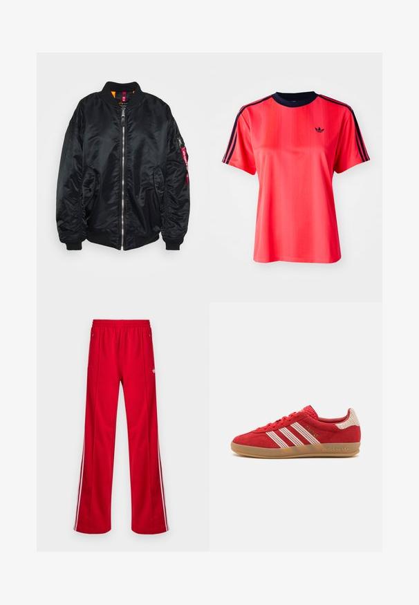 Black bomber jacket made of smooth, shiny material. Features a zip front, ribbed cuffs, side pockets, and a zippered arm pocket with a red tag.; Red athletic t-shirt with short sleeves, featuring vertical stripes, a navy crew neck, and a small black logo on the front.; Red athletic pants with a loose fit, elastic waistband, two side pockets, and white side stripes. Made from smooth, synthetic material.; Red suede sneaker with white stripes and texture accents, gum sole, lace-up closure, and embroidered details on the side.