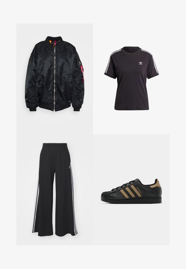 Black bomber jacket made of smooth, shiny material. Features a zip front, ribbed cuffs, side pockets, and a zippered arm pocket with a red tag.; Black cotton short-sleeve t-shirt with round neck, featuring white stripes on shoulders and a small white Adidas logo on the chest.; Black wide-leg sweatpants with an elastic waistband, featuring white side stripes and an embroidered logo on the left thigh.; Black leather sneaker with three brown stripes, textured rubber toe cap, lace-up front, and flat black sole. Features a subtle logo on the heel.