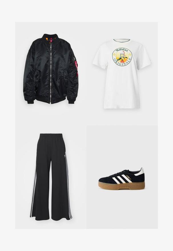 Fekete bomber dzseki sima, fényes anyagból. Előnyitott cipzárral, bordás mandzsettákkal, oldalsó zsebekkel és cipzáras karzsebbe helyezett piros címkével rendelkezik.; Fehér pamut póló rövid ujjakkal, kerek grafikus logóval zöld és sárga színben, amelyen az "Adidas Originals" felirat és gyümölcs minták láthatók.; Fekete, bő szárú melegítőnadrág, rugalmas derékkal, fehér oldalsávokkal és hímzett logóval a bal combon.; Fekete velúr sportcipő fehér három csíkkal és arany logóval. Gumi talp texturált tapadással. Klasszikus alacsony szárú kialakítás, lekerekített orral.