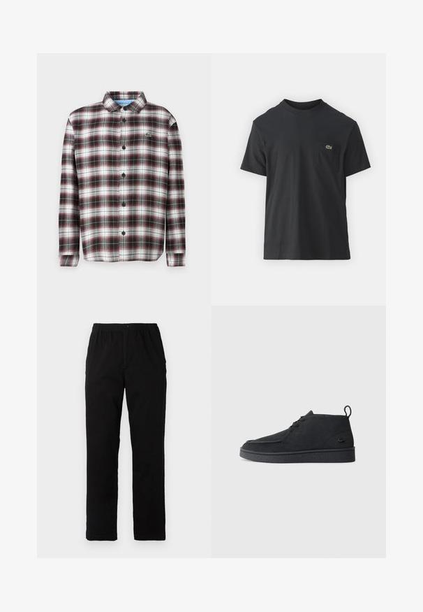 Plaid button-up shirt in dark red, black, and white; cotton blend fabric; features a fold-down collar and black buttons; logo on chest.; Black cotton t-shirt with short sleeves, round neckline, and a small green logo on the left chest pocket. Simple design, regular fit.; Black pants made of cotton blend fabric, featuring a straight cut, elastic waistband with button, and no visible patterns or accents.; Black suede lace-up ankle boot with pull tab and textured sole, featuring small embossed crocodile logo on the side.