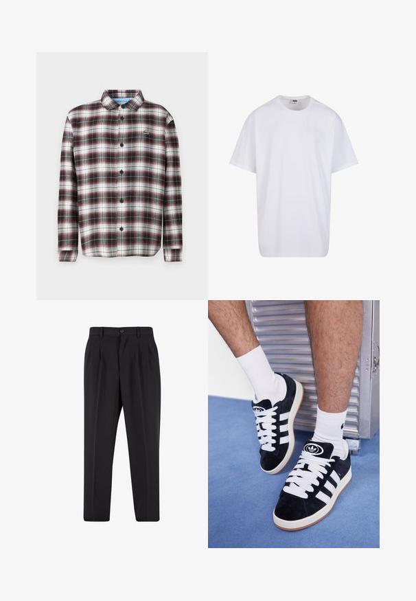 Tīklu krekls ar pogām tumši sarkanā, melnā un baltā krāsā; kokvilnas maisījuma audums; ar nolocāmu apkakli un melnām pogām; logo uz krūtīm.; Balta kokvilnas T-kreklu ar īsām piedurknēm, apaļu kakla izgriezumu, brīvu piegriezumu un bez redzamām logo vai rakstiem. Gluda tekstūra un minimālistisks dizains.; Melni brīvie bikses ar krokotu priekšpusi, izgatavotas no gludas auduma. Iespējama poga aizdare un jostas cilpas; taisnu kāju forma.; Melni zamšaini sporta apavi ar baltiem šņorēm un trim baltām svītrām. Iekļauj arī apaļu melnu logotipu uz mēles un gumijas zoli.