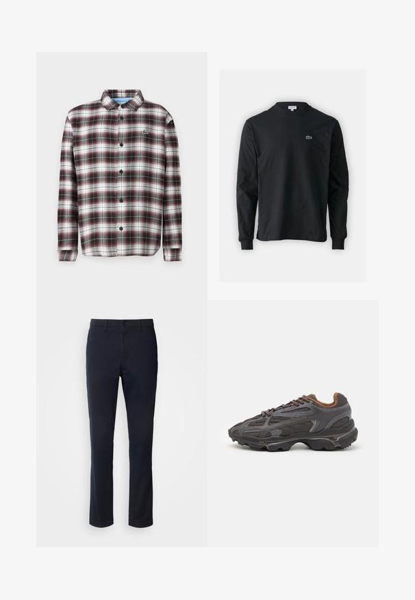 Tamsiai raudona, juoda ir balta dryžuota marškinėlių su mygtukais; džinsinio audinio mišinys; turi sulankstomą apykaklę ir juodus mygtukus; logotipas ant krūtinės.; Juodas ilgomis rankovėmis marškinėliai iš medvilnės, turintys apvalią iškirptę ir mažą žalią išsiuvinėtą krokodilo logotipą kairėje krūtinės pusėje.; Tamsiai mėlyni kelnių pagaminti iš lygaus audinio, turintys tiesaus kirpimo dizainą, diržo kilpas ir sagčių uždarymą su užtrauktuku.; Lacoste sportbačiai tamsiai pilki, pagaminti iš tinklinės ir sintetinių medžiagų, su tekstūruotu padu ir rudomis detalėmis ant apykaklės bei prekės ženklo.