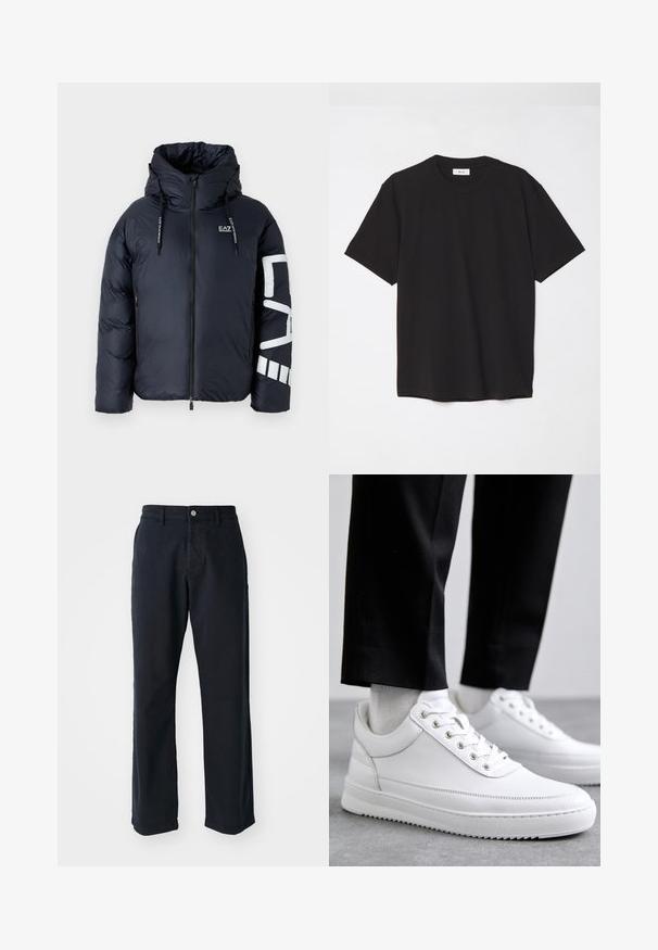 EA7 Emporio Armani GIUBBOTTO - Casaco de inverno - blue; T-shirt de algodão preto com decote redondo, mangas curtas e um corte descontraído. Design simples, textura suave e sem padrões ou logótipos visíveis.; Calças de algodão azul-marinho com um design de perna reta, apresentando um fecho frontal com botão e dois bolsos laterais. Textura suave, sem padrões visíveis.; Sneakers brancos de couro com uma sola de borracha plana, apresentando um acabamento suave, bico redondo e ilhós de metal para os atacadores. Usados com calças pretas.