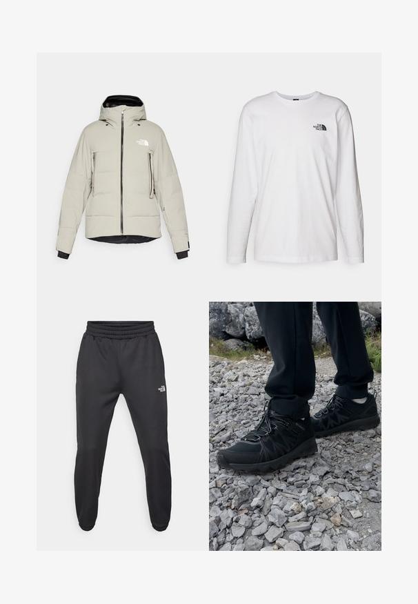 The North Face CIRQUE JACKET - Giacca da sci - clay grey; T-shirt bianco a maniche lunghe in cotone con colletto rotondo. Presenta un piccolo logo nero sul petto. Texture liscia, vestibilità regolare.; Pantaloni sportivi neri con vita regolabile tramitecordino, vestibilità affusolata, polsini elasticizzati e un piccolo logo bianco sulla coscia sinistra, realizzati in tessuto morbido.; Scarpe da esterni nere realizzate in mesh e materiale sintetico, con una parte superiore testurizzata, un sistema di allacciatura sicuro e una suola robusta, su terreno roccioso.