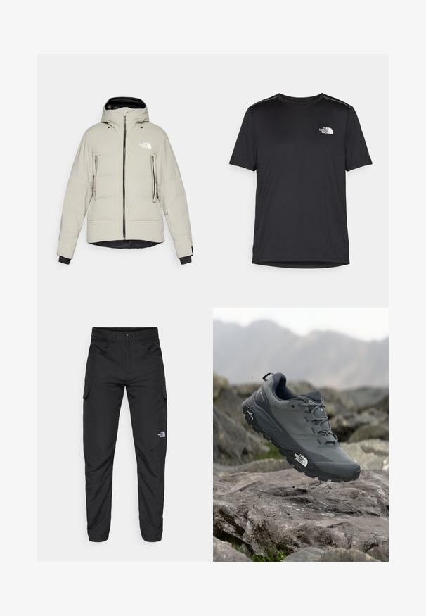 The North Face CIRQUE JACKET - Sídzseki - clay grey; Fekete, rövid ujjú póló, könnyű anyagból készült. Bal mellen egy kis fehér logó található, és finom vállrész kiemelések.; The North Face HORIZON PANT - Szabadtéri nadrágok - black; Szürke terepfutó cipő, texturált felsőrésszel, tartós gumitalppal és megerősített orr résszel. Fekete fűzők és márka logó a cipő oldalán.