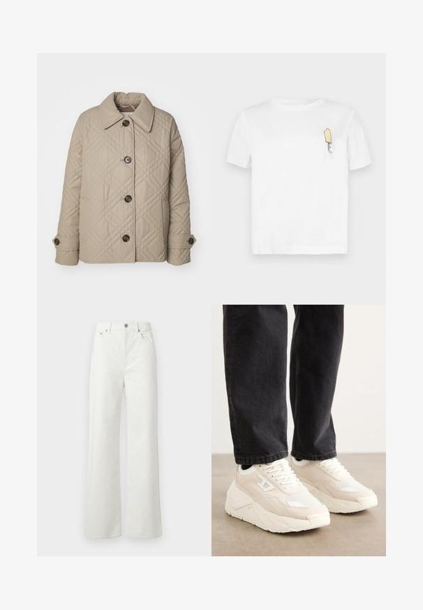 Beige quilted jacket with large collar, diagonal stitching pattern, four buttons, and side pockets. Made from soft, textured fabric.; White cotton t-shirt with short sleeves featuring a minimalist, embroidered yellow popsicle graphic on the left chest area.; Samsøe Samsøe SHELLY - Relaxed fit jeans - clear cream; Beige sneakers with a textured fabric upper and white rubber sole. Features a minimalistic design and subtle logo detail on the side.