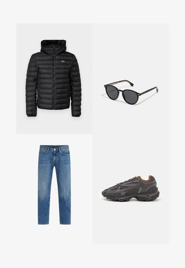 Juodas pūkuotas džemperis su užtrauktuku priekyje, kapišonu, siuvinėtu raštu ir elastinėmis rankogaliais. Priekyje yra mažas žalias Lacoste logotipas.; Raudona medvilninė marškinė su trumpomis rankovėmis, apvaliu kaklu ir mažu logo kairėje krūtinės pusėje. Lygi tekstūra ir įprasta forma.; Šviesiai mėlyni džinsai su tiesiu kirpimu, išblukusia spalva, penkiomis kišenėmis, kontrastinga siūle ir priekyje esančia sagų uždarymo sistema.; Lacoste sportbačiai tamsiai pilki, pagaminti iš tinklinės ir sintetinių medžiagų, su tekstūruotu padu ir rudomis detalėmis ant apykaklės bei prekės ženklo.; BOSS Akiniai nuo saulės - black