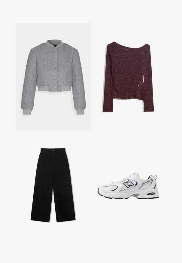 Vero Moda VMCHLOE SHORT - Geacă bomber - grey; Top din dantelă cu mâneci lungi, într-o nuanță adâncă de burgund, având un design off-shoulder, modele florale și o textură ușor transparentă cu un tiv drept.; Jeans negri, cu picioare largi, din denim, cu talie înaltă, având un design cu cinci buzunare și o închidere cu un singur nasture în față.; Shoe sportiv alb cu parte superioară din plasă, accente bleumarin și talpă amortizată. Are logo-ul "N", șireturi și detalii texturate pe lateral.