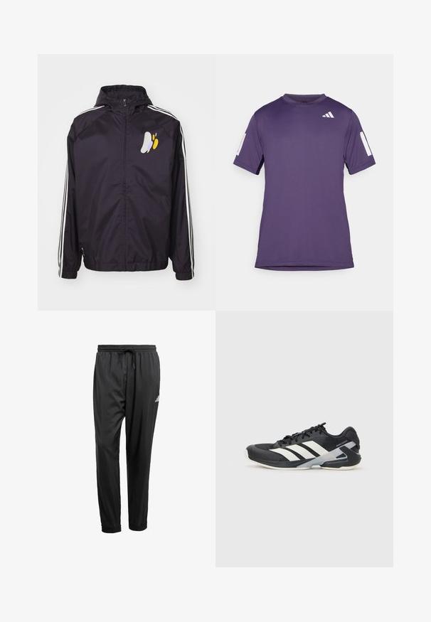 adidas Performance REAL MADRID SZN WB - Tréningová bunda - aurora black; Fialová atlétska tričko s krátkym rukávom vyrobené z hladkej tkaniny, s bielymi akcentmi na rukávoch a hrudi, okrúhlym výstrihom a voľným strihom.; Čierne športové nohavice s elastickým pásom, šnúrkou na stiahnutie, sčinenými členkami a malým bielym logom na pravej stehne.; Čierna športová obuv s bielymi pruhmi, sieťovinový zvršok, zaoblená špička a polstrovaná podrážka. Obsahuje štruktúrovaný opätok a bezpečný systém šnurovania.
