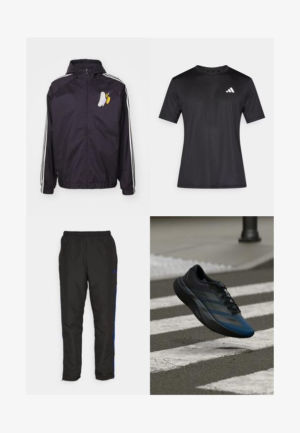 adidas Performance REAL MADRID SZN WB - Training jacket - aurora black; Black athletic t-shirt made of lightweight mesh fabric, featuring short sleeves and a white logo on the left chest area.; Black track pants with blue side stripes, elastic waistband, smooth texture, and tapered legs. Features logo near the waistband.; Black and blue athletic shoe with a streamlined design, featuring a textured upper, contrasting stripes, and a cushioned sole, hovering over pavement.