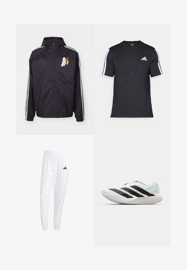 adidas Performance REAL MADRID czarny; Czarna koszulka z krótkim rękawem, wykonana z bawełny, z białymi paskami na ramionach i białym logo po lewej stronie klatki piersiowej.; Białe sportowe spodnie z gładkiego materiału, z elastycznym pasem w talii i dopasowanymi mankietami, z czarnym logo na tylnej kieszeni.; Lekkie buty do biegania w jasnoniebieskim kolorze z czarnymi pasami. Posiadają gładką cholewkę, okrągły nosek oraz grubą białą podeszwę środkową oznaczoną "LIGHTSTRIKE PRO."