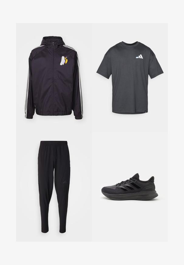 adidas Performance REAL MADRID SZN WB - Trainingsjacke - aurora black; Dunkelgraues kurzärmliges T-Shirt mit einem kleinen weißen und hellblauen Logo auf der linken Brust und einem kleinen Etikett nahe dem unteren Saum.; Schwarze Sporthosen mit elastischem Bund, tailliertem Design, Seitentaschen und dezenten Logo-Details. Hergestellt aus flexiblem, atmungsaktivem Material.; Schwarzer Sportschuh mit strukturiertem Obermaterial aus Stoff, Gummisohle und drei glänzenden schwarzen Streifen an der Seite. Abgerundete Zehenpartie und gepolsterte Ferse.