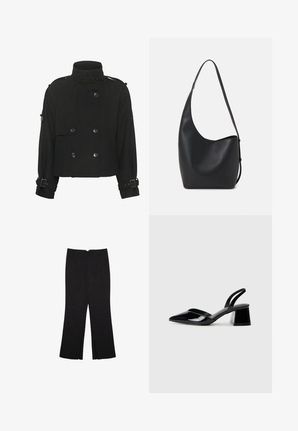 Giacca nera cropped realizzata in tessuto testurizzato, con colletto alto, design doppiopetto e dettagli con fibbia sulle maniche.; Maglione nero a maniche lunghe in maglia con spalle imbottite e polsini e orlo a coste, mostrato su uno sfondo bianco.; Pantaloni neri a gamba dritta, con tasche frontali e spacchi laterali all'orlo. Realizzati in tessuto morbido e liscio. Adatti a diverse occasioni.; Décolleté in vernice nera con punta affusolata e tacco in geometria cubica. Presentano un design elegante e minimalista, con una texture liscia.; Borsa hobo nera in pelle con una superficie liscia, forma curvata e una singola tracolla regolabile; presenta un'ampia apertura nella parte superiore.
