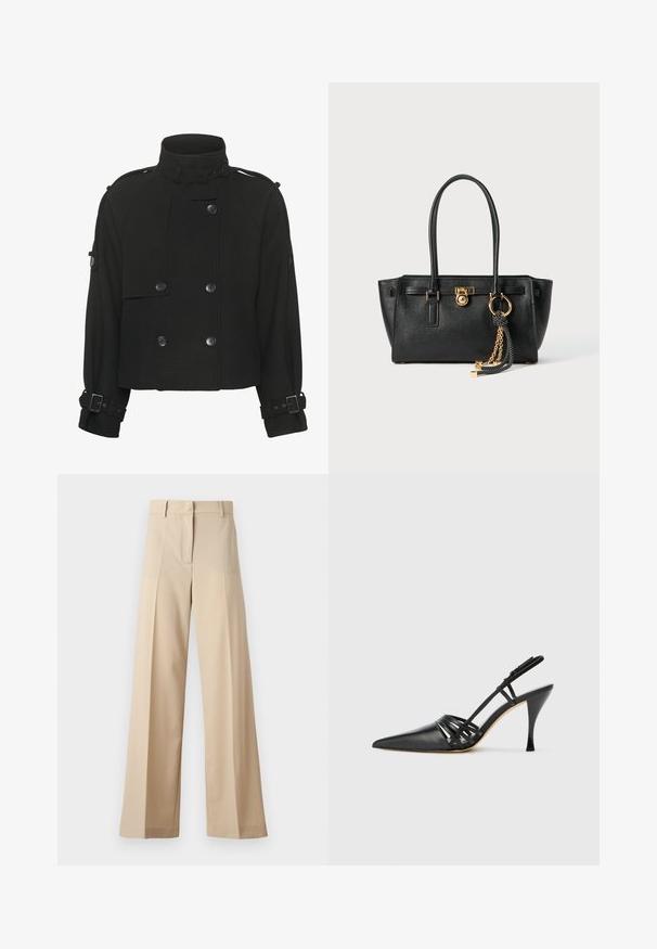 Melnā īsā jaka, izgatavota no strukturēta auduma, ar augstu apkakli, divkāršu pogu aizdari un sprādžu akcentiem uz piedurknēm.; Brūns garās piedurknes pogājamais krekls ar norādītu apkakli un aprocēm, izlikts pret vienkāršu baltu fonu.; Bēža platā kāju bikses, izgatavotas no gludas auduma, ar plakanu priekšpusi un krokām, ar rāvējslēdzēja aizdari un jostu cilpām. Visā garumā pielāgota piegriezuma.; Melna ādas augstpapēžu sandalē ar norādītu pirkstu, krustenisku siksnu dizainu un tievu stiletto papēdi. Gluda tekstūra un minimāli akcenti.; Melnas ādas rokassomu ar divām rokturiem, zelta slēdzi un ķēdes detaļu, kā arī melnbaltu pušķa aksesuāru uz balta fona.; Sudraba riņķa auskariem ir gluda, noapaļota forma ar plānu profilu un drošu aizdari. Minimālistisks stils ar izpolētu apdari.