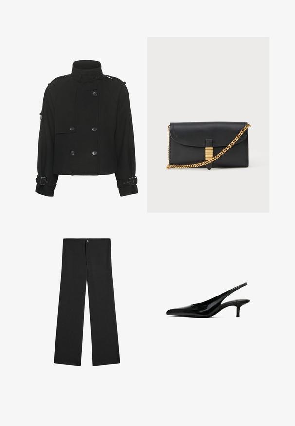 Zwarte, cropped jas van textuurstof, met een hoge kraag, een dubbel doorgestikte ontwerp en gespdetails op de mouwen.; Zwarte T-shirt met korte mouwen en V-hals, met een eenvoudig, aansluitend ontwerp op een witte achtergrond.; Zwarte wijdvallende broek gemaakt van lichte stof, met een knoopsluiting, geen zichtbare patronen en een gladde, effen textuur.; Zwarte slingback schoen met puntige neus, afgewerkt in glanzend leer en met een dunne, lage hak. Bevat een uitsnede aan de zijkant voor ademend vermogen.; Zwarte leren clutch met een omgevouwen flap, gouden kettingriem en een decoratieve gouden accent met verhoogde letters, gladde textuur.