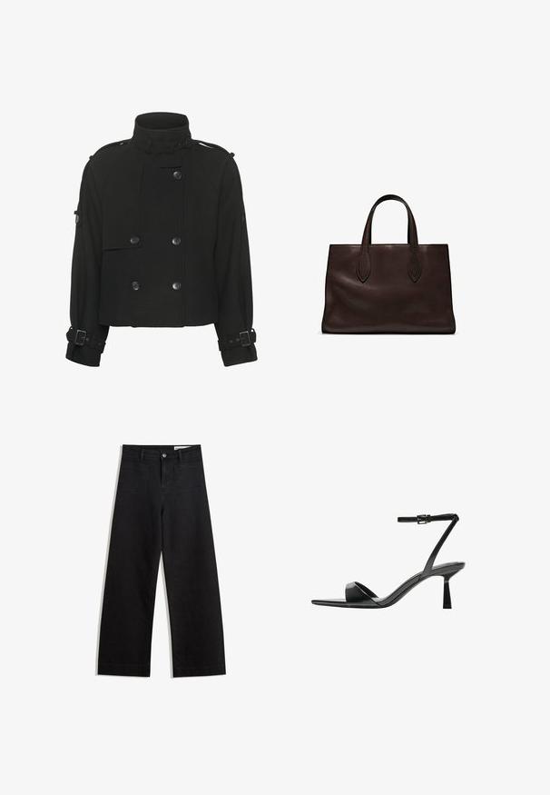 Czarna krótka kurtka wykonana z fakturowanej tkaniny, z wysokim kołnierzem, podwójnym zapięciem oraz zapięciami na klamry na rękawach.; Czarnobrązowa, krótki rękaw, bawełniana koszulka. Posiada okrągły dekolt i luźny krój, bez widocznych wzorów lub akcentów.; Czarne dżinsowe spodnie o szerokich nogawkach i wysokim stanie, z przednimi i tylnymi kieszeniami, przeszyciami oraz zapięciem na guziki. Gładka struktura.; Bershka - Sandały na obcasie; Brązowa skórzana torba tote z dwoma wydłużonymi uchwytami, usztywnionym prostokątnym kształtem, gładką teksturą i subtelnymi detalami przeszycia.