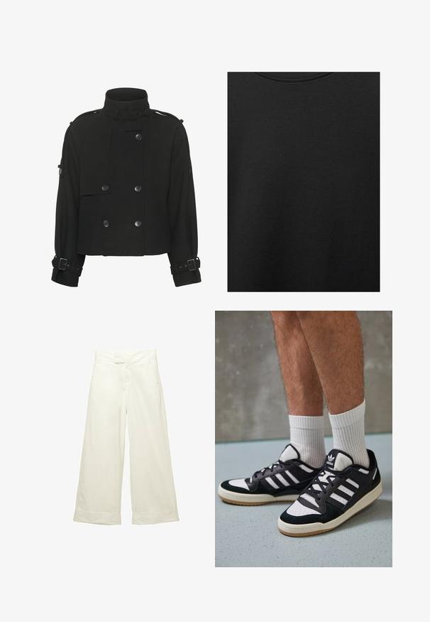 Schwarze, kurz geschnittene Jacke aus strukturiertem Stoff, mit einem hohen Kragen, doppelreihigem Design und Schnallenakzenten an den Ärmeln.; Schwarzer Baumwollstoff mit glatter Textur und Rundhalsausschnitt, der ein dezentes, gleichmäßiges Strukturmuster aufweist. Keine sichtbaren Logos oder Akzente.; Weit geschnittene Hose aus weichem, cremefarbenem Stoff. Mit flachem Bund und aufgeschlagenen Säumen. Glatte Textur mit einem klaren, minimalistischen Design.; Schwarz-weiße Sneaker mit einem Obermaterial aus Wildleder und Leder, ausgestattet mit drei weißen Streifen, einer perforierten Zehenpartie und einer Sohle aus Gummi.