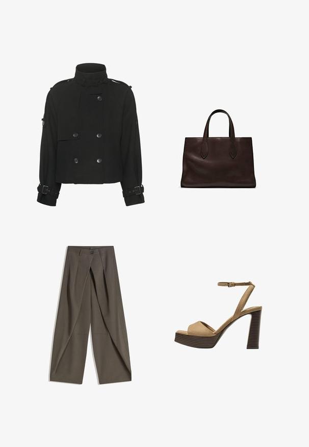 Schwarze, kurz geschnittene Jacke aus strukturiertem Stoff, mit einem hohen Kragen, doppelreihigem Design und Schnallenakzenten an den Ärmeln.; Braunes Baumwoll-T-Shirt, kurze Ärmel, runder Halsausschnitt, lockere Passform, glatte Textur, minimalistisches Design, keine sichtbaren Muster oder Akzente.; Weite Hosen aus einem strukturierten, dunkelgrauen Stoff. Mit einer vorderen Faltenlegung, Knopfverschluss und praktischen Seitentaschen ausgestattet.; Beige Wildleder-Pumps mit hohem Absatz, breitem Vorderband und Knöchelriemen, ausgestattet mit einem klobigen Holzblockabsatz mit strukturiertem Finish.; Braune Ledertasche mit zwei langen Griffen, strukturierte rechteckige Form, glatte Textur und dezente Nähdetails.