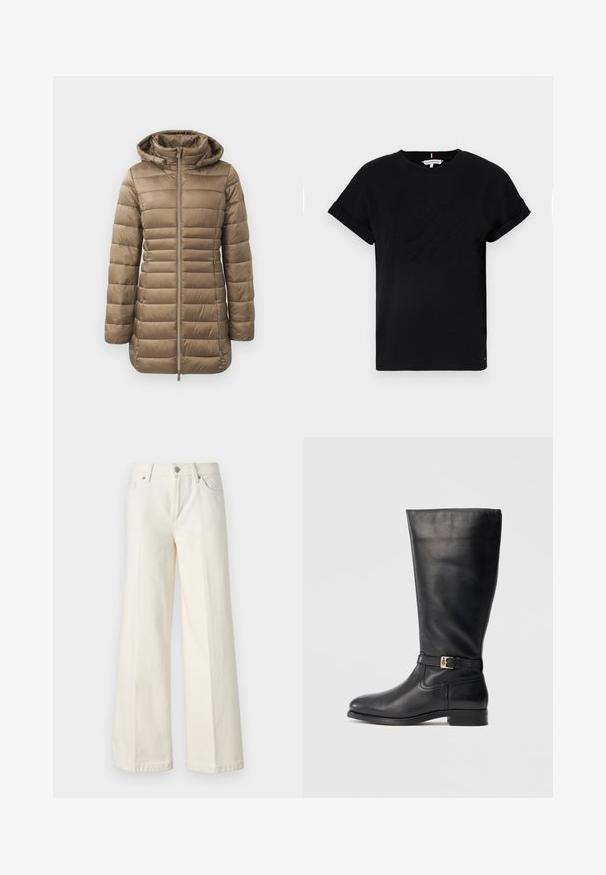 Parka acolchada en taupe, con cierre de cremallera en la parte delantera, capucha y acolchado horizontal. Textura suave con puños elásticos y un diseño más largo.; Camiseta de algodón negra con mangas cortas enrolladas, que presenta un logotipo en relieve en el centro y un pequeño acento de bandera en el lateral.; Jeans blancos de pierna ancha hechos de una mezcla de algodón. Cuentan con una cremallera en la bragueta, diseño de cinco bolsillos y costuras a lo largo de las costuras.; Bota de cuero negra hasta la rodilla con una textura suave, pequeño detalle de hebilla dorada, punta redondeada y un tacón bajo apilado. Diseño simple y elegante.