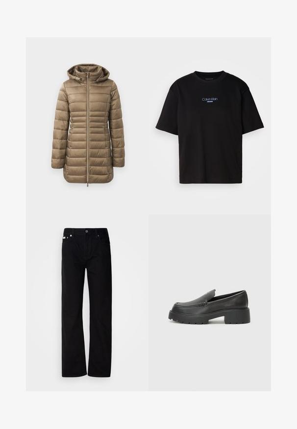 Gepolsterte Parka in Taupe, mit einem Reißverschluss, Kapuze und horizontaler Steppung. Glatte Textur mit elastischen Bündchen und einem längeren Design.; Schwarzes Baumwoll-T-Shirt mit Rundhalsausschnitt, kurzen Ärmeln und blau gesticktem "Calvin Klein JEANS"-Logo auf der Vorderseite.; Schwarze Denim-Hosen mit geradem Bein, fünf Taschen, silbernen Nieten und einem Knopfverschluss. Der Stoff hat eine glatte, leicht strukturierte Oberfläche.; Schwarze Lederloafer mit einer abgerundeten Spitze, dicker strukturierten Laufsohle und minimalen Nähten. Schlankes Design ohne sichtbare Schnürsenkel oder Beschläge.