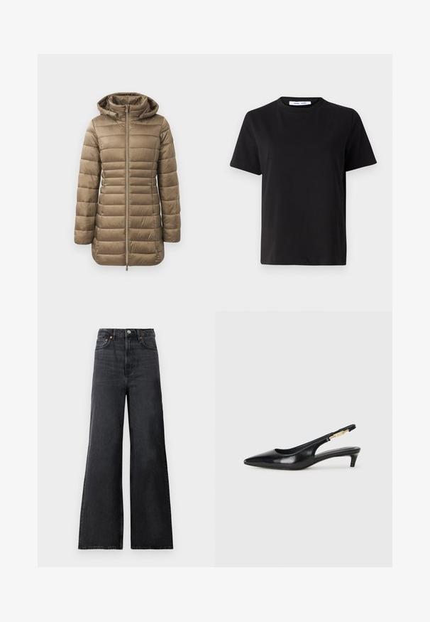 Padded parka in taupe, featuring a zip front, hood, and horizontal quilting. Smooth texture with elastic cuffs and a longer design.; Black short-sleeve t-shirt made of soft cotton, featuring a round neckline, relaxed fit, and a smooth texture. No visible patterns or graphics.; Black denim flared jeans with a high waist, featuring a metal button closure, front pockets, and subtle fading on the fabric.; Black leather slingback heels with a pointed toe, featuring a slim heel and a gold-tone accent on the adjustable strap. Smooth texture.