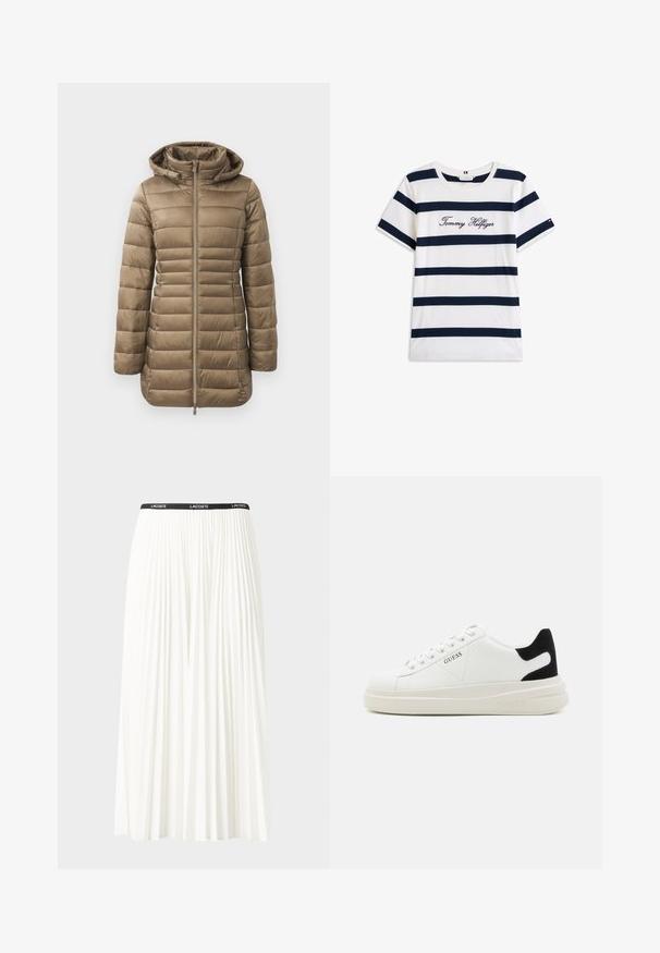 Parka rembourré en taupe, avec une fermeture éclair à l'avant, une capuche et un matelassage horizontal. Texture lisse avec des poignets élastiques et un design plus long.; T-shirt en coton avec des rayures horizontales bleu marine sur un fond blanc. "Tommy Hilfiger" brodé en écriture cursive sur la poitrine. Encolure ras du cou.; Jupe plissée blanche avec une taille élastique noire portant le logo "LACOSTE". Design mi-long avec une texture douce.; Baskets en cuir blanc avec une épaisse semelle blanche, un accent en daim noir au niveau du talon et un logo embossé sur le côté. Design à lacets avec six œillets.