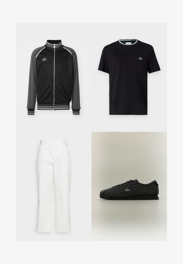 Umbro MONOGRAM ANTHEM JACKET - Treniņjaka - black/iron gate; Melna kokvilnas T-krekls ar apaļu kakla izgriezumu, ar baltu un zaļu svītru apdari un izšuvumu zaļa krokodila logotipu kreisajā krūšu pusē.; Baltie kokvilnas bikses ar taisnu kāju dizainu, jostu cilpiņām un sānu kabatām, ar gludu tekstūru un minimālu apdari.; Melnas zemas tenisa kedas ar šņorēm priekšpusē, teksturēta zole un zelta krokodila logo sānos.