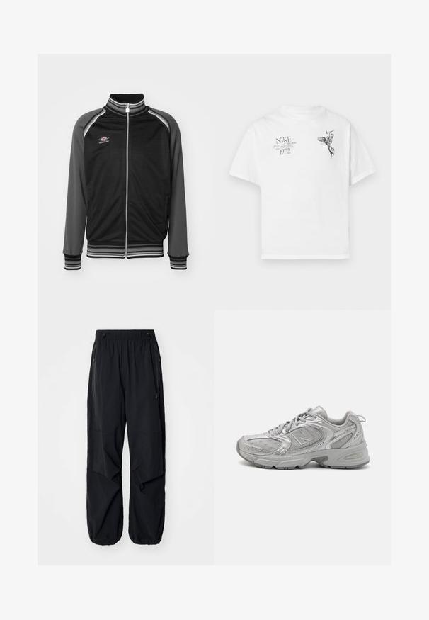 Umbro MONOGRAM ANTHEM JACKET - Treniņjaka - black/iron gate; Balts kokvilnas T-krekls ar melnu grafisku druku, kurā attēlots spārnots figūra un teksts, ar apaļu kaklu un īsām piedurknēm.; Melnas vieglas kravas bikses ar elastīgu jostu, sānu rāvējslēdzējiem un plašām kabatām. Izaicinājumu veido brīvi pieguļoša piegriezne un sašaurināti aproces.; Sudraba sporta apavi ar elegantu dizainu, acs paneļiem, mīkstu valvi, teksturētu sintētisku virsu un gumijas zoli labākai saķerei.
