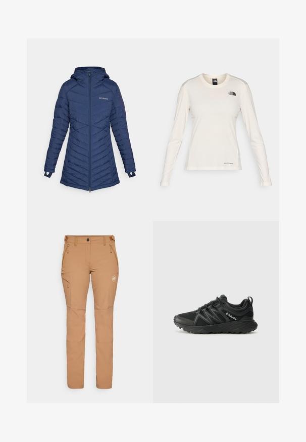 Columbia PEAK™ MID JACKET - Žieminis paltas - collegiate navy; The North Face SHADOW LONG SLEEVE - Ilgarankovis viršutinės dalies drabužis - white dune; Mammut RUNBOLD PANTS WOMEN - Lauko kelnės - claystone; Columbia PEAKFREAK - Turistiniai batai - black