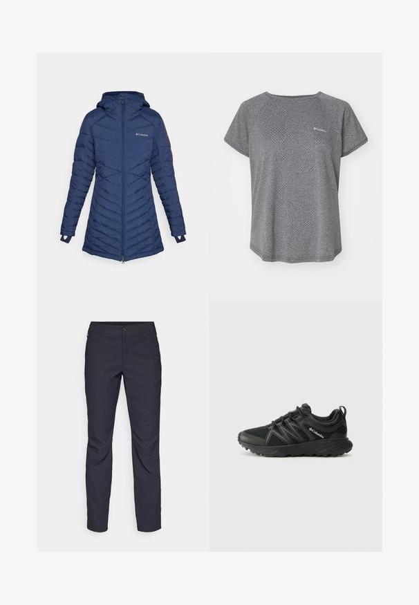 Columbia PEAK™ MID JACKET - Wintermantel - collegiate navy; Graues Kurzarmshirt mit einem subtilen Strukturmuster, Rundhalsausschnitt und Columbia-Logo auf der Brust. Weicher Stoff, lässige Passform.; Marineblaue Hose aus glattem Stoff mit einem vorderen Knopfverschluss, schlankem Schnitt und gefalteten Details an den Knien.; Columbia PEAKFREAK - Hikingschuh - black