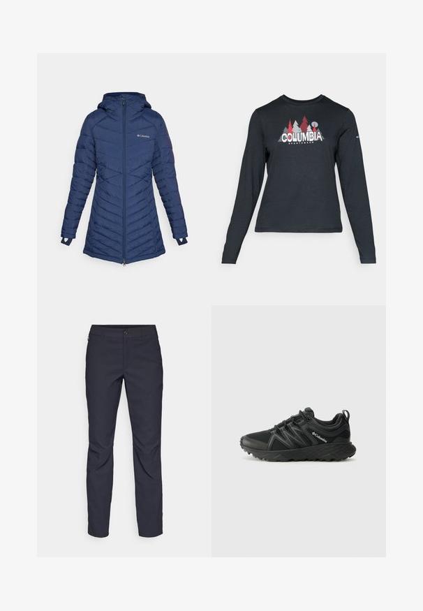 Columbia PEAK™ MID JACKET - Téli kabát - collegiate navy; Hosszú ujjú, sötétszürke ing piros fákkal és hegyekkel díszítve; a "COLUMBIA" logó vastag fehér betűkkel. Puha anyag, klasszikus kerek nyakkivágás.; Sötétkék nadrág sima anyagból, elülső gombos záródással, slim-fit fazonnal és gyűrött részletekkel a térdeken.; Columbia PEAKFREAK - Túracipők - black