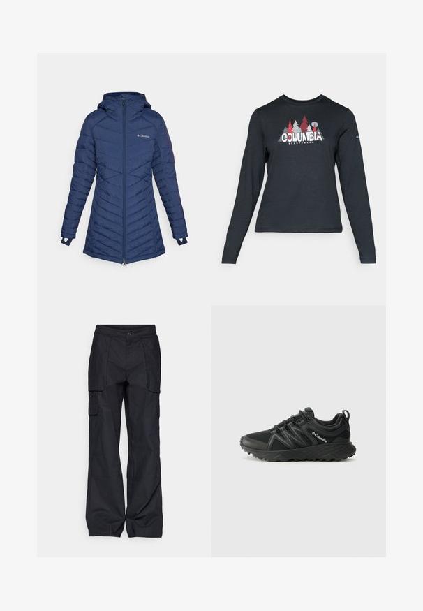 Columbia PEAK™ MID JACKET - Abrigo de invierno - collegiate navy; Camisa de manga larga gris oscuro con un gráfico de árboles rojos y montañas; logo "COLUMBIA" en texto blanco en negrita. Tela suave, cuello redondo estándar.; Columbia BREA FALLS™ COTTON RIPSTOP PANT - Pantalones montañeros largos - black; Columbia PEAKFREAK - Zapatillas de senderismo - black
