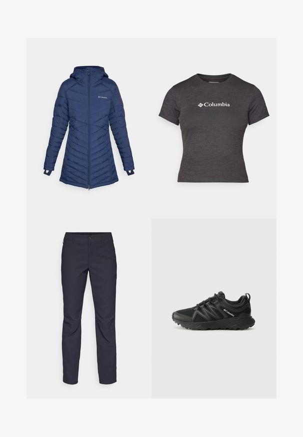 Columbia PEAK™ MID JACKET - Vinterfrakke - collegiate navy; Mørkegrå kortærmet t-shirt lavet af tekstureret stof med rund hals, der har et hvidt Columbia-logo på tværs af brystet.; Mørkeblå bukser lavet af glat stof, med en frontknaplukning, tætsiddende design og pressefolder ved knæene.; Columbia PEAKFREAK - Hikingsko - black