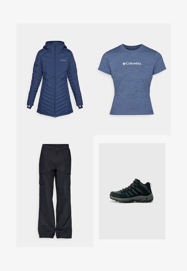 Columbia PEAK™ MID JACKET - Cappotto invernale - collegiate navy; T-shirt blu a maniche corte realizzato in tessuto testurizzato, con logo bianco Columbia sul petto, scollatura rotonda e design aderente.; Columbia BREA FALLS™ COTTON RIPSTOP PANT - Pantaloni outdoor - black; Columbia REDMOND - Scarpa da hiking - black/citron haze