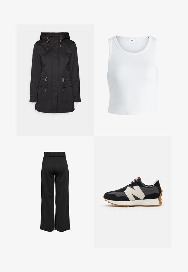 Giacca nera impermeabile con cappuccio, dettagli con cordoncino, due tasche frontali e taglio dritto. Presenta un tessuto liscio e strutturato.; Canottiera bianca a coste con scollatura rotonda, senza maniche e lunghezza cropped. Etichetta con la scritta "JJXX". Tessuto di texture liscia.; Pantaloni neri a gamba larga con cintura elastica, realizzati in tessuto liscio. Presentano un design pulito senza tasche o dettagli di cucitura visibili.; Sneaker in suede nero e grigio con un grande logo "N" color crema, lacci viola e una suola esterna in gomma gommosa texturizzata.