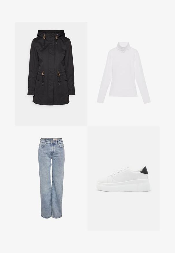 Jachetă neagră impermeabilă cu glugă, accente cu șnur, două buzunare frontale și croială dreaptă. Dispune de un material neted, texturat.; Tricou alb cu mâneci lungi și guler înalt, realizat dintr-un material neted și elastic. Dispune de un design ajustat, fără modele vizibile sau embellishments.; Jeans din denim, de un albastru deschis, cu croială largă, talie înaltă, design cu cinci buzunare și o ușoară decolorare pentru un aspect purtat.; Adidași albi cu platformă, fabricați din material sintetic neted, cu vârf rotund, design cu șireturi și talpă din cauciuc texturat. Accente negre la călcâi.