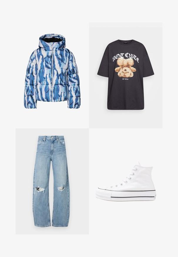 Mėlynai ir baltai dryžuotas abstraktaus rašto pūkinis švarkas su kapišonu ir priekiniais užtrauktukais, siuvinėtas ir paminkštintas šilumai.; Juodas per didelis marškinėliai su bearo grafika ir tekstu "NE SIAUBINGA, BET NERAMUS" bold baltomis raidėmis. Pagaminta iš medvilnės.; Šviesiai mėlynos, aukštu juosmeniu džinsai pagaminti iš džinsinio audinio. Turi plačias kojų kelnes, dvi suplėšytas kelio vietas ir klasikinį penkių kišenių dizainą.; Balti aukštakulniai drobės sportbačiai su juodu guminio pado, priekinio guminio piršto dangteliu ir šešiais akytėmis raištams, pasižymintys švariu, minimalistiniu dizainu.