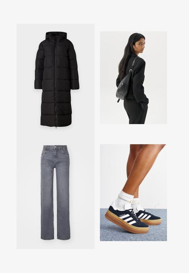 Dolga črna puhasta jakna s kapuco, ki ima prešito zasnovo, sprednji zadrgo in prostorne rokave. Gladka, mat tekstura.; Komplet treh majic s kratkimi rokavi v črni, sivi in beli barvi. Izdelane iz bombaža, z okroglim izrezom in preprostim, enobarvnim dizajnom.; Sive široke kavbojke so izdelane iz denima z gladko teksturo, z gumbom in zadrgo ter petimi žepi.; Črni antilop superge z belimi črtami in poudarki, okrogel prst, gumijasti podplat, kombinirane z belimi rebrastimi nogavicami.; Ženska z dolgimi temnimi lasmi, oblečena v črn kostim, nosi črno usnjeno torbo čez ramo in se ozira čez ramo proti beli podlagi.