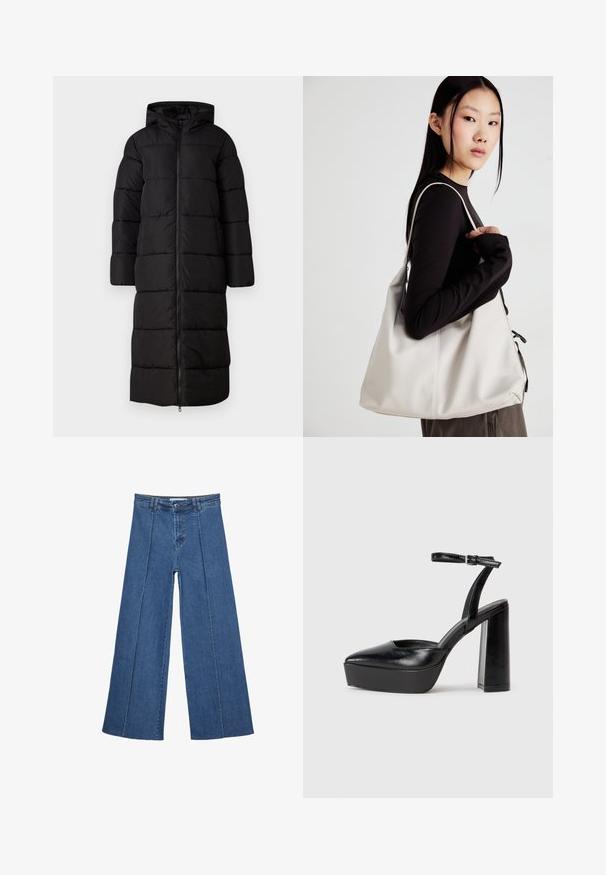 Lång svart pufferjacka med huva, med quiltat mönster, framzipperstängning och rymliga ärmar. Slät, matt yta.; Svart bomullströja med korta ärmar, med en liten rosa fjärilsgrafik på vänster bröst. Rundad halsdesign med en avslappnad passform.; Vidbenade denimjeans i medelblått, med hög midja, knäppning och kontrasterande vertikala sömdetaljer längst fram.; Svarta plattformsskor med spetsig tå och justerbart vristband. Tillverkade av mjukt läder, med en kraftig blockklack.; Beige handväska tillverkad av mjukt material, med en avslappnad design, sydda detaljer och två axelremmar. Lämplig för dagligt bruk.