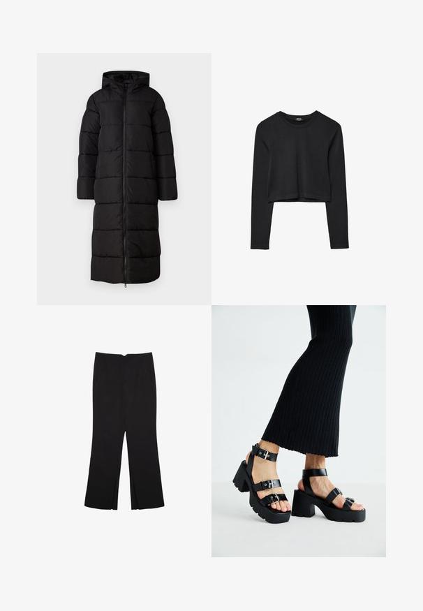 Lång svart pufferjacka med huva, med quiltat mönster, framzipperstängning och rymliga ärmar. Slät, matt yta.; Svart långärmad croppad topp med rund halsringning, enkel design och en något rundad nederkant.; Svarta byxor med rak passform, utrustade med framfickor och sidoklyvningar vid fållen. Tillverkade av mjukt, slätt tyg. Lämpliga för olika tillfällen.; Svarta plattformssandaler med kraftiga yttersölar och flera remmar, med metalspännen och en slät läderliknande yta.