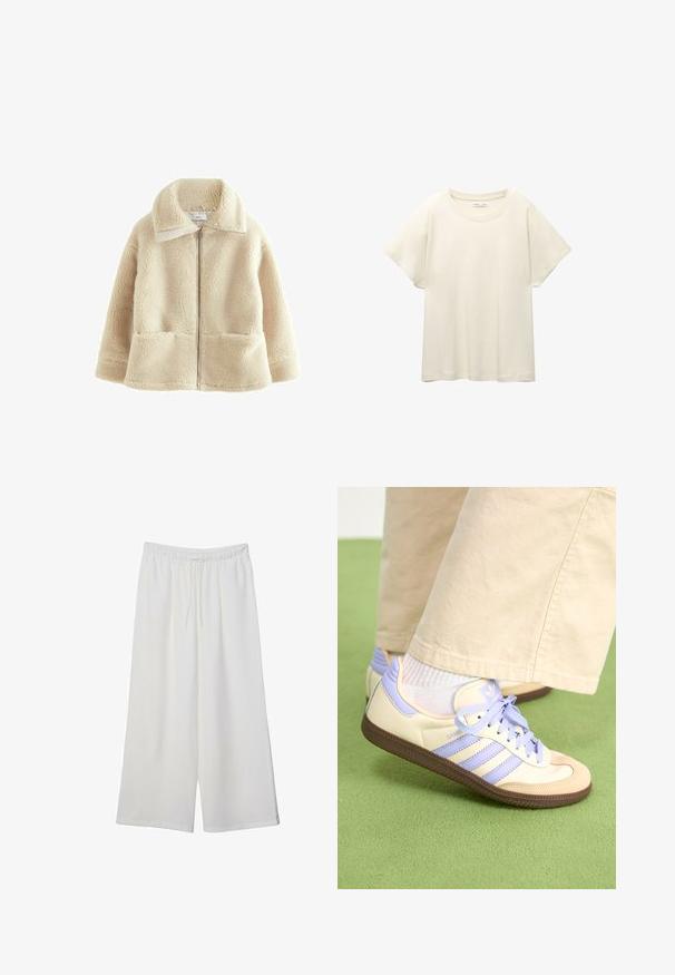 Crèmekleurige fleece jas met een rits aan de voorkant, grote kraag en twee voorzakken; heeft een zachte, gestructureerde oppervlak.; Lichtbeige t-shirt met korte mouwen en een ronde halslijn, gemaakt van zachte, gladde stof. Heeft een ontspannen pasvorm en een rechte zoom.; Witte wijde broek van lichtgewicht stof, met een elastische tailleband en een trekkoord voor een verstelbare pasvorm. Glad texture.; Crème- en lavendel-sneakers met drie strepen en een gestructureerde bruine zool, voorzien van veters en een gewatteerde hiel. Zachte stoffen bovenkant.